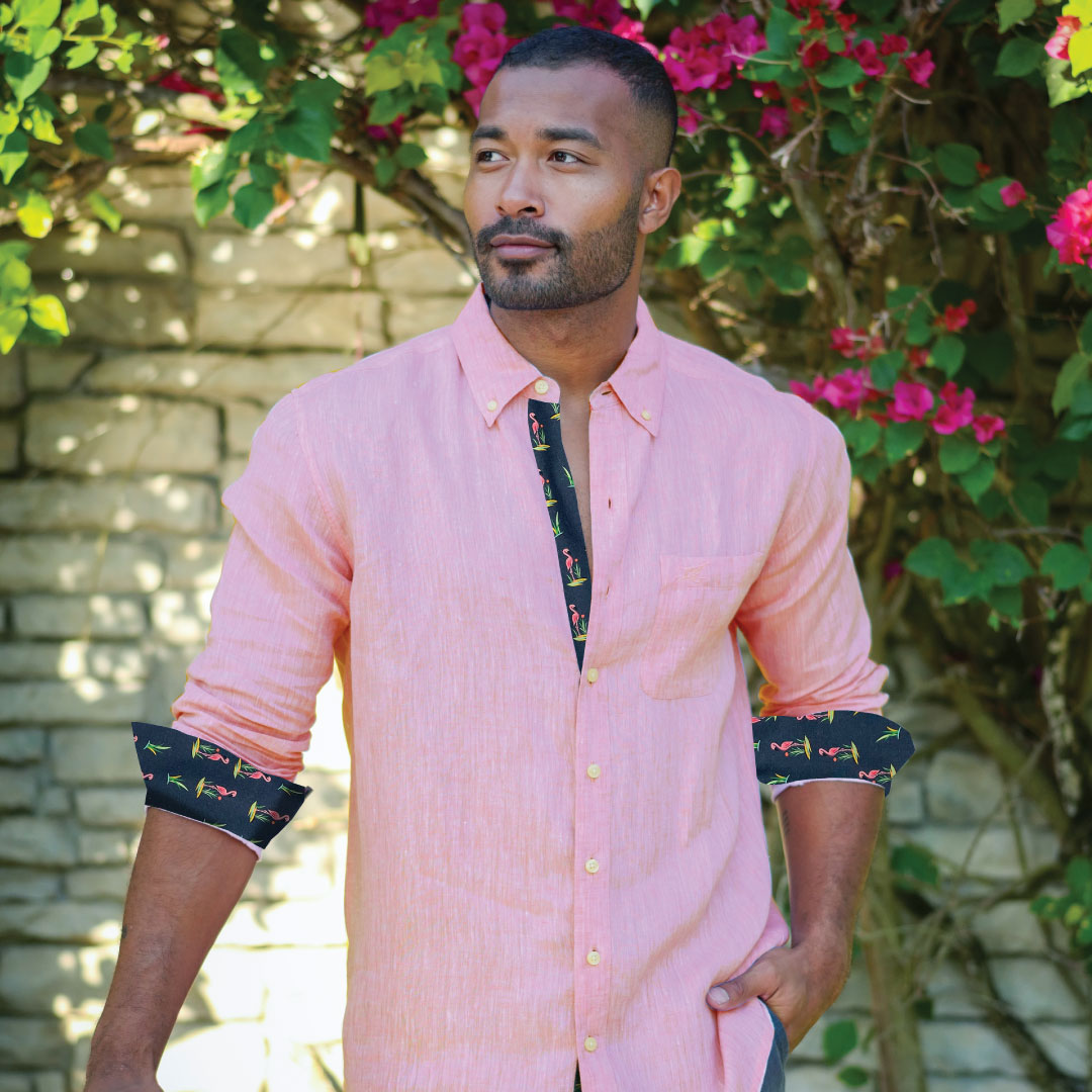 Island Coral/Flamingo Print ++ mens pink linen shirt with flamingo print cuffs